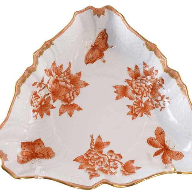 Herend Fortuna Triangular Vegetable Bowl Rust Butterflies Chinoiserie Pattern