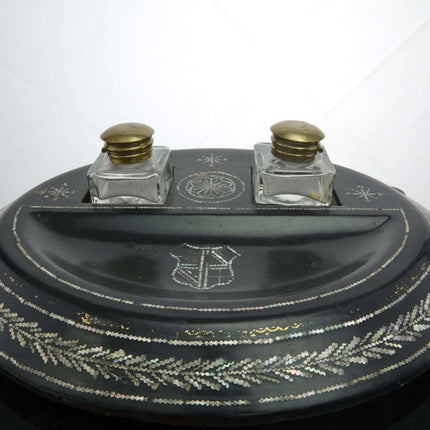 c1890 Papier Mache with Mother of pearl Inlay Double Inkwell with Pen rest