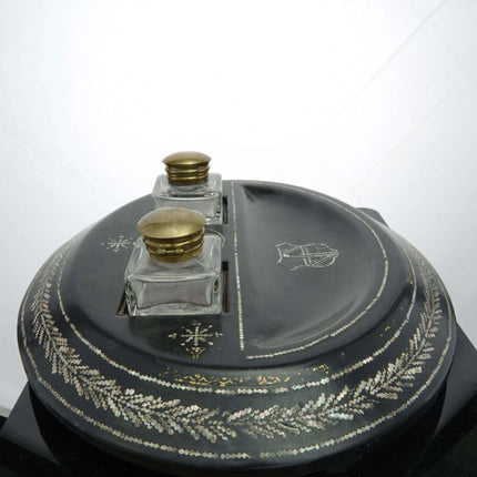 c1890 Papier Mache with Mother of pearl Inlay Double Inkwell with Pen rest