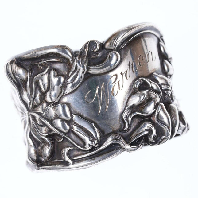 um 1900 Jugendstil-Serviettenring aus Sterlingsilber von Frank Whiting, Lilie/Florenz, mit Warren-Monogramm