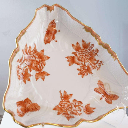 Herend Fortuna Triangular Vegetable Bowl Rust Butterflies Chinoiserie Pattern