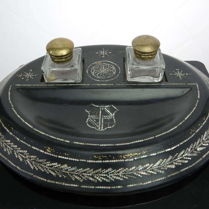 c1890 Papier Mache with Mother of pearl Inlay Double Inkwell with Pen rest