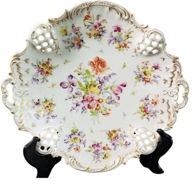 Dresden Pierced Floral Cake Plate Hand Painted Rosenthal 11 5/8" wide x 1.75" de