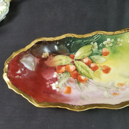 Artist Signed Brauer Limoges Hand Painted Strawberries Gold Large Celery Dish 13