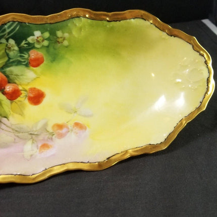 Artist Signed Brauer Limoges Hand Painted Strawberries Gold Large Celery Dish 13