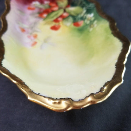 Artist Signed Brauer Limoges Hand Painted Strawberries Gold Large Celery Dish 13