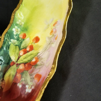 Artist Signed Brauer Limoges Hand Painted Strawberries Gold Large Celery Dish 13