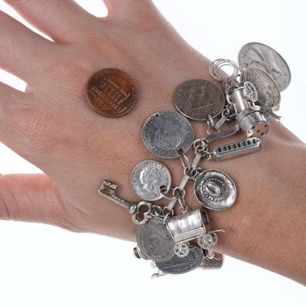 Loaded Vintage Super Traveler Sterling Silver world coins charm bracelet