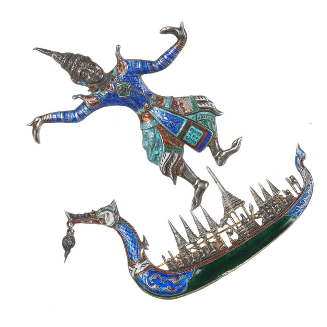 Vintage Siam Sterling enamel dragon boat and dancer pins