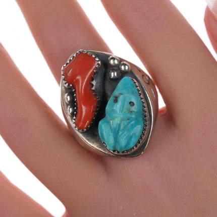 sz12.5 Large Zuni Carved Frog  Turquoise, Coral Silver ring