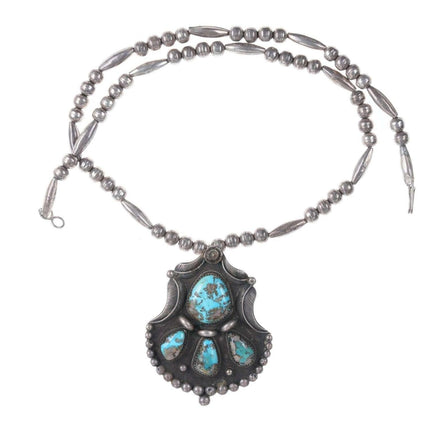 Large Vintage Navajo silver and turquoise pendant on beaded necklace