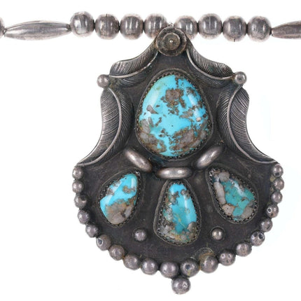 Large Vintage Navajo silver and turquoise pendant on beaded necklace