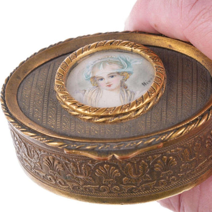 c1900 French Gilt jewelry box with hand painted portrait