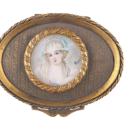 c1900 French Gilt jewelry box with hand painted portrait