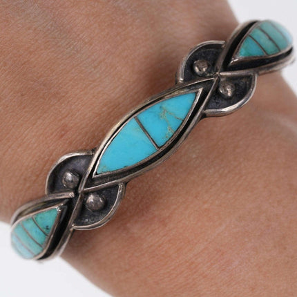 Vintage Native American Sterling channel inlay turquoise cuff bracelet j