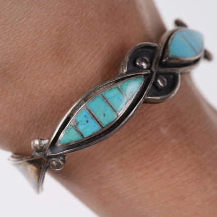 Vintage Native American Sterling channel inlay turquoise cuff bracelet j