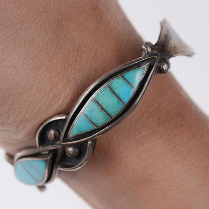 Vintage Native American Sterling channel inlay turquoise cuff bracelet j