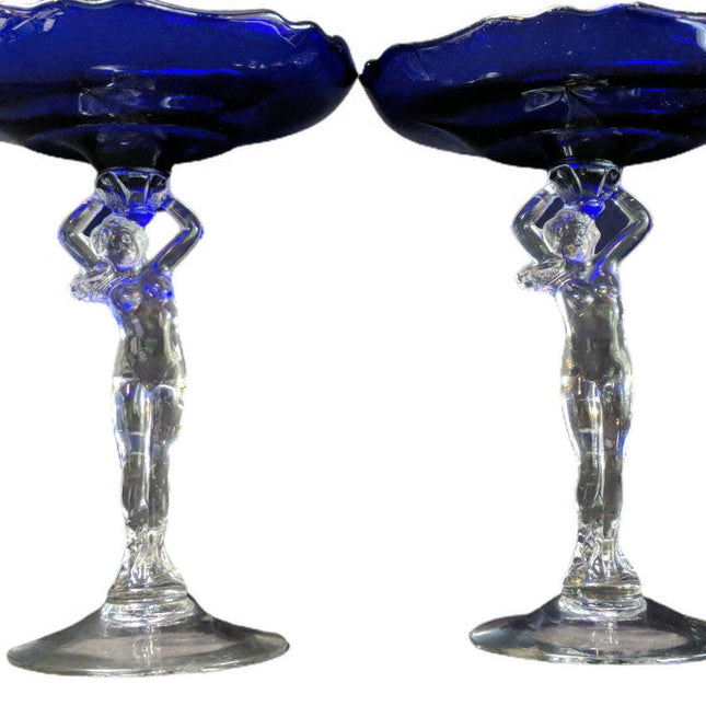 1940's Cambridge Nude Stem Cobalt Blue Compote Pair 8.25" x 6 5/8"