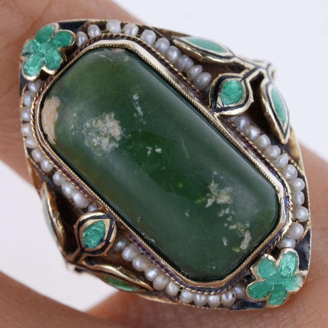 sz5.5 Estate Art Deco 14k Gold Enamel Jade and seed pearl ring