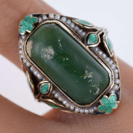 sz5.5 Estate Art Deco 14k Gold Enamel Jade and seed pearl ring