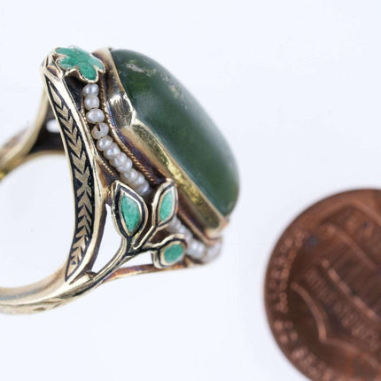 sz5.5 Estate Art Deco 14k Gold Enamel Jade and seed pearl ring