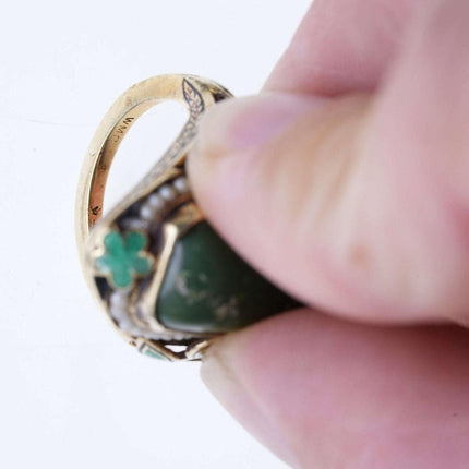 sz5.5 Estate Art Deco 14k Gold Enamel Jade and seed pearl ring