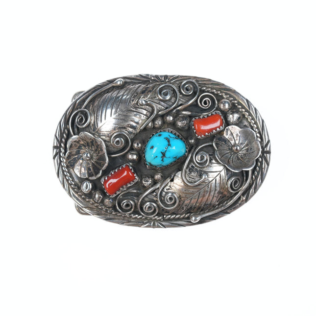 Small Vintage James Navajo silver, turquoise, and coral belt buckle