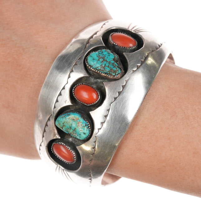 6.5" Benally Navajo sterling, coral, and turquoise shadowbox cuff bracelet