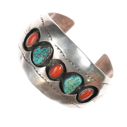 6.5" Benally Navajo sterling, coral, and turquoise shadowbox cuff bracelet