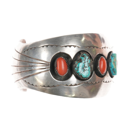 6.5" Benally Navajo sterling, coral, and turquoise shadowbox cuff bracelet