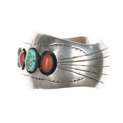 6.5" Benally Navajo sterling, coral, and turquoise shadowbox cuff bracelet