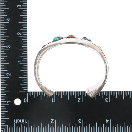 6.5" Benally Navajo sterling, coral, and turquoise shadowbox cuff bracelet