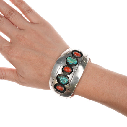 6.5" Benally Navajo sterling, coral, and turquoise shadowbox cuff bracelet