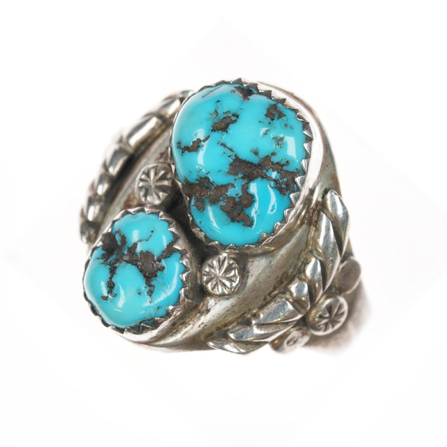 sz10.25 Vintage Native American sterling ring with two turquoise