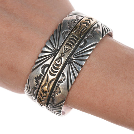 6.5" Native American 14k/Sterling heavy stamped cuff bracelet