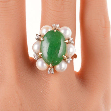 Sz6 Estate 18k Jadeite, Diamond, and pearl ring