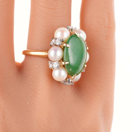 Sz6 Estate 18k Jadeite, Diamond, and pearl ring