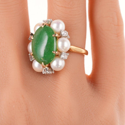 Sz6 Estate 18k Jadeite, Diamond, and pearl ring