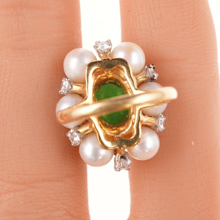 Sz6 Estate 18k Jadeite, Diamond, and pearl ring