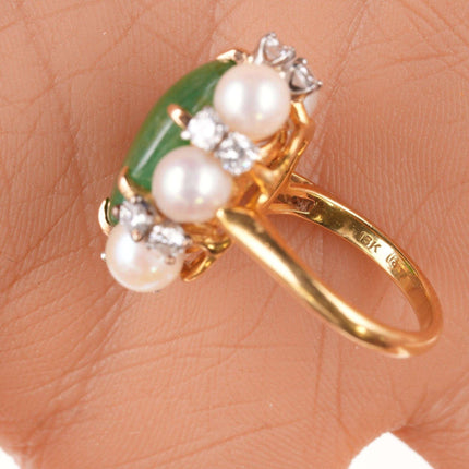 Sz6 Estate 18k Jadeite, Diamond, and pearl ring