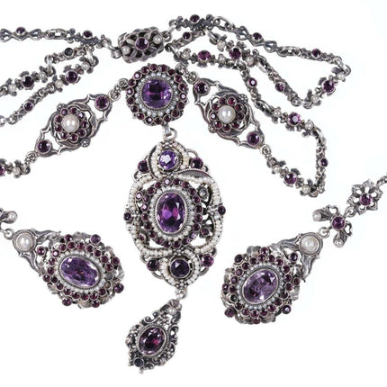 c1900 Austrian Silver/Amethyst/pear/necklace and screw back earring set