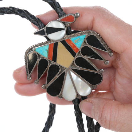 Large c1950's zuni thunderbird sterling channel inlay bolo tie