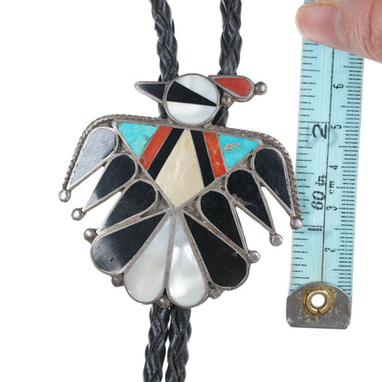 Large c1950's zuni thunderbird sterling channel inlay bolo tie