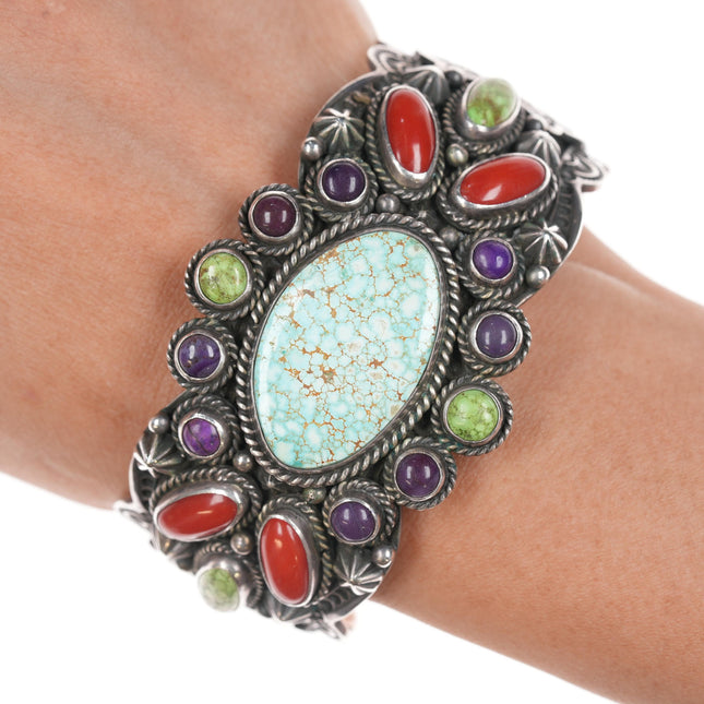 6 5/8" Darryl Becenti Navajo (1958-2020) Turquoise, Coral, Sugilite cuff bracelet