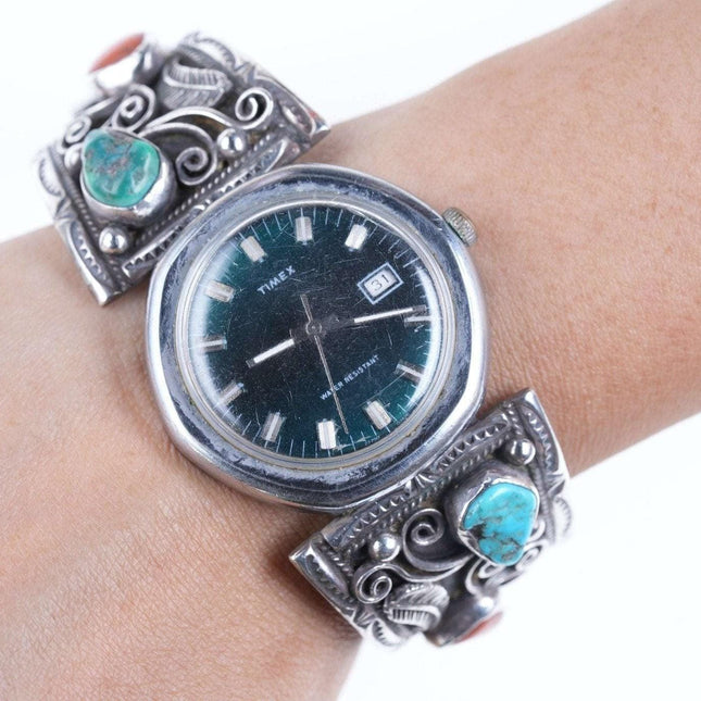 Vintage Sterling/Turquoise Coral Navajo Watch band with Old school timex