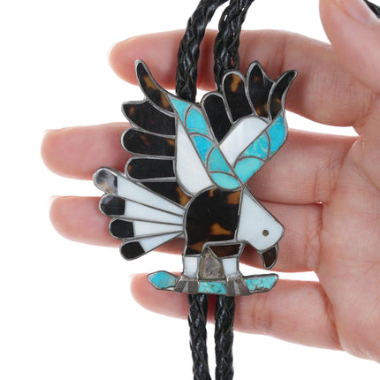 c1950's Zuni Eagle Multi-stone channel inlay sterling bolo tie