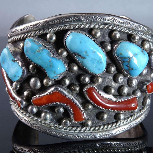 Vintage Foster Yazzie Navajo Sterling Turquoise, Coral Cuff Bracelet