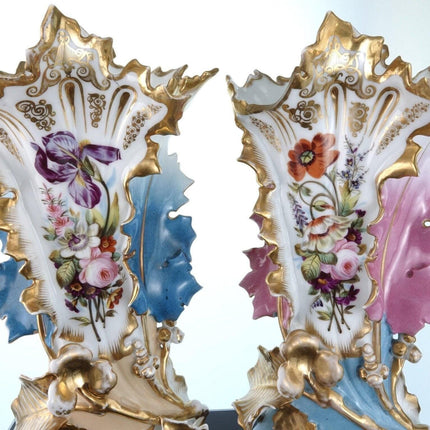 15" c1850 Old Paris Porcelain Mantle Vases Pair