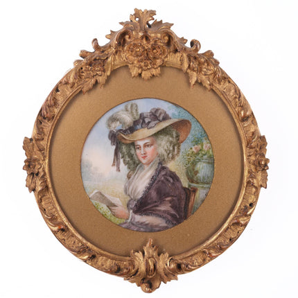 c1870 French Antique Miniature painting in carved wood frame