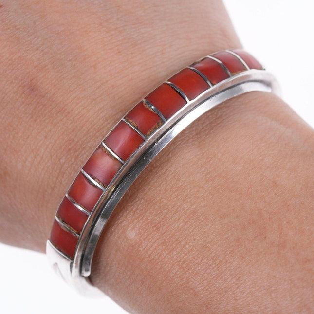 6" Vintage Zuni silver and coral channel inlay bracelet